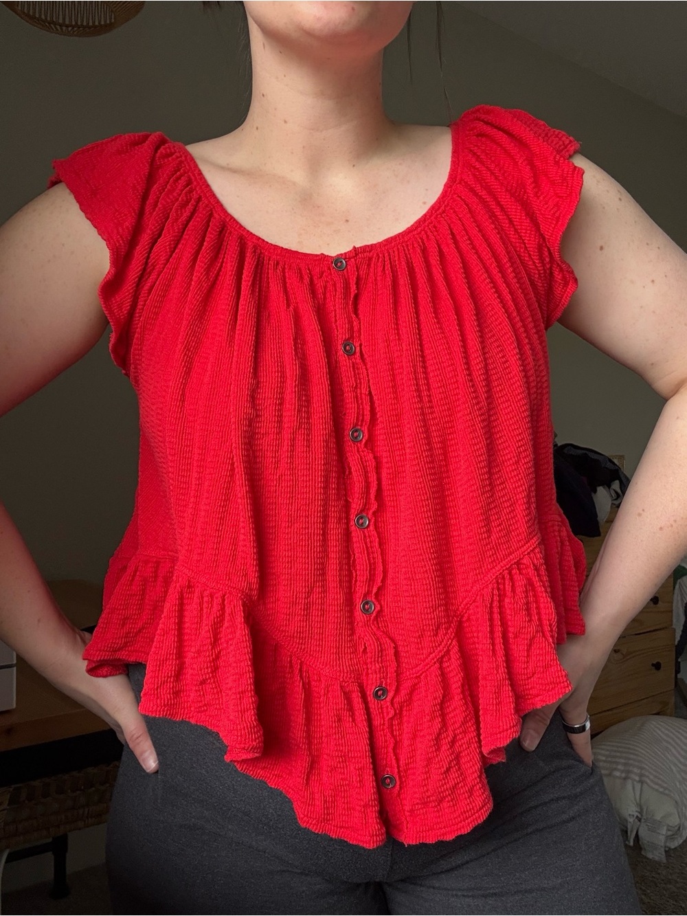 We The Free - Mint Julep Top - Cherry Red - Button-Front Ruffle Sleeve Top - Picture 5 of 6